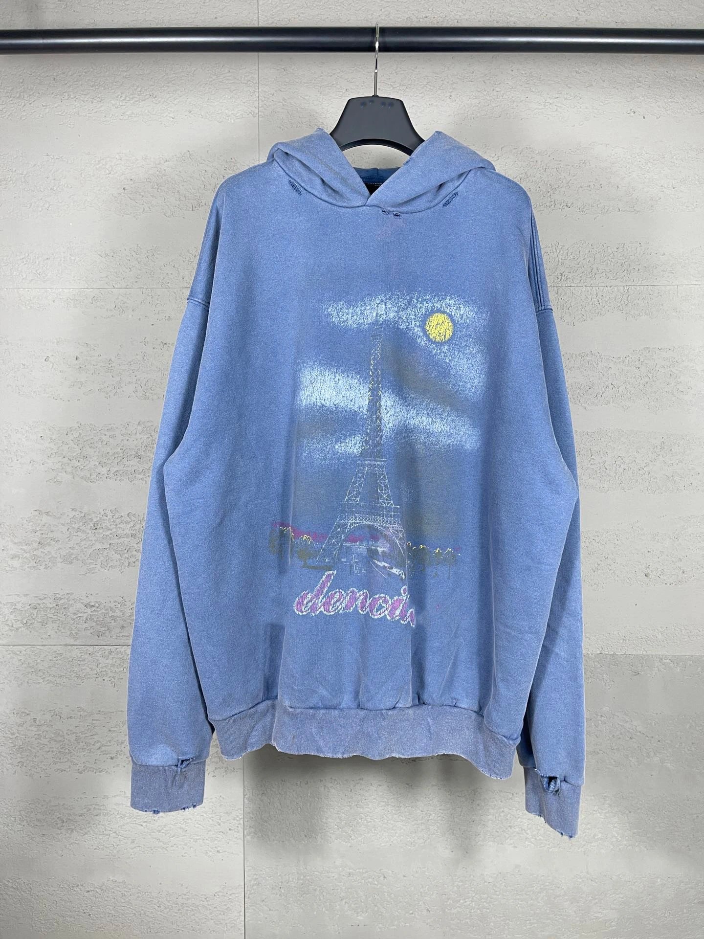 Balenciaga Tower Direct Print White Ink Gradient Color Print Wash Frayed Distressed Hoodie Hooded Sweatshirt Unisex Style
