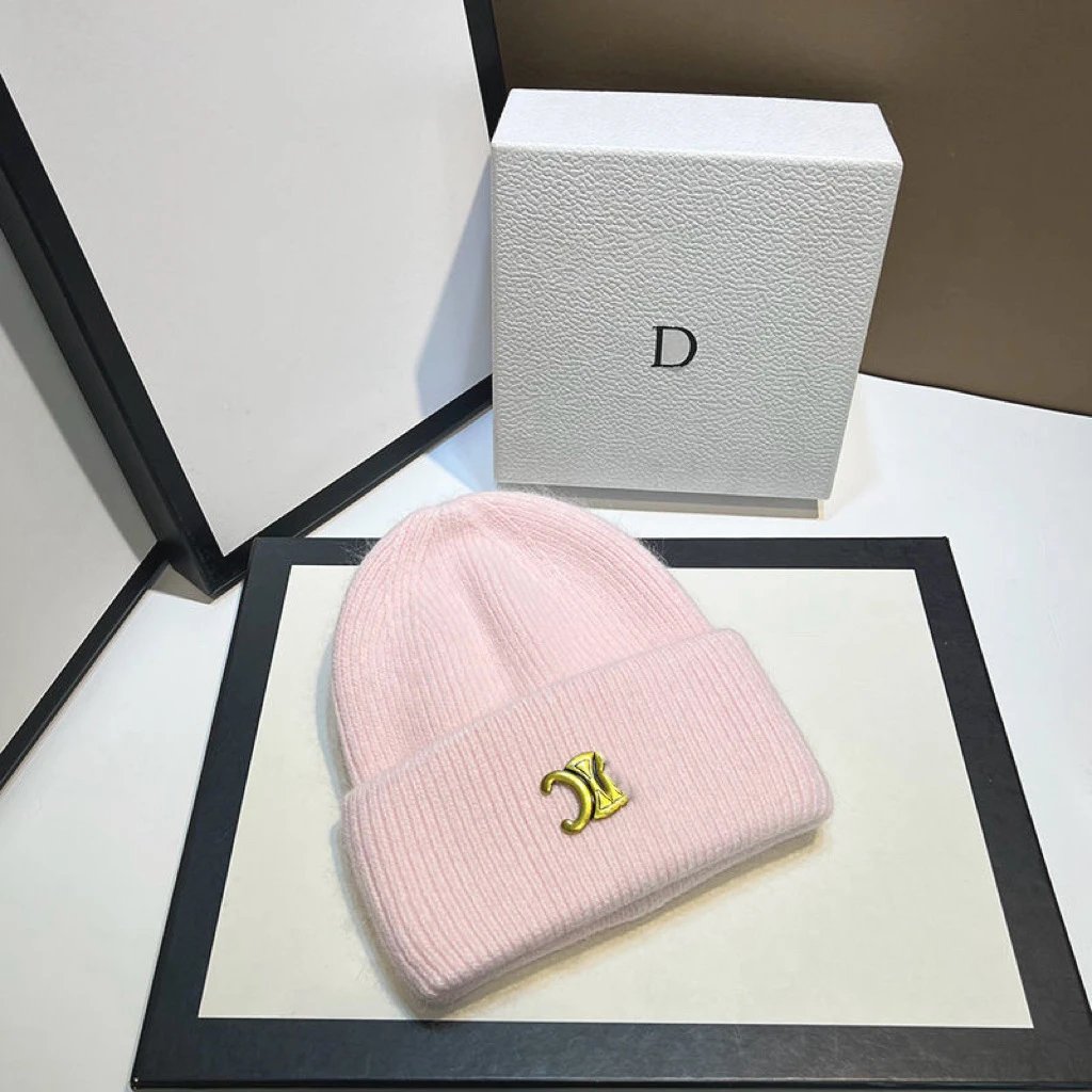 Autumn Winter New CELINE Rabbit Fur Knit Hat Women Warm Thick Beanie Large Head Size Hat
