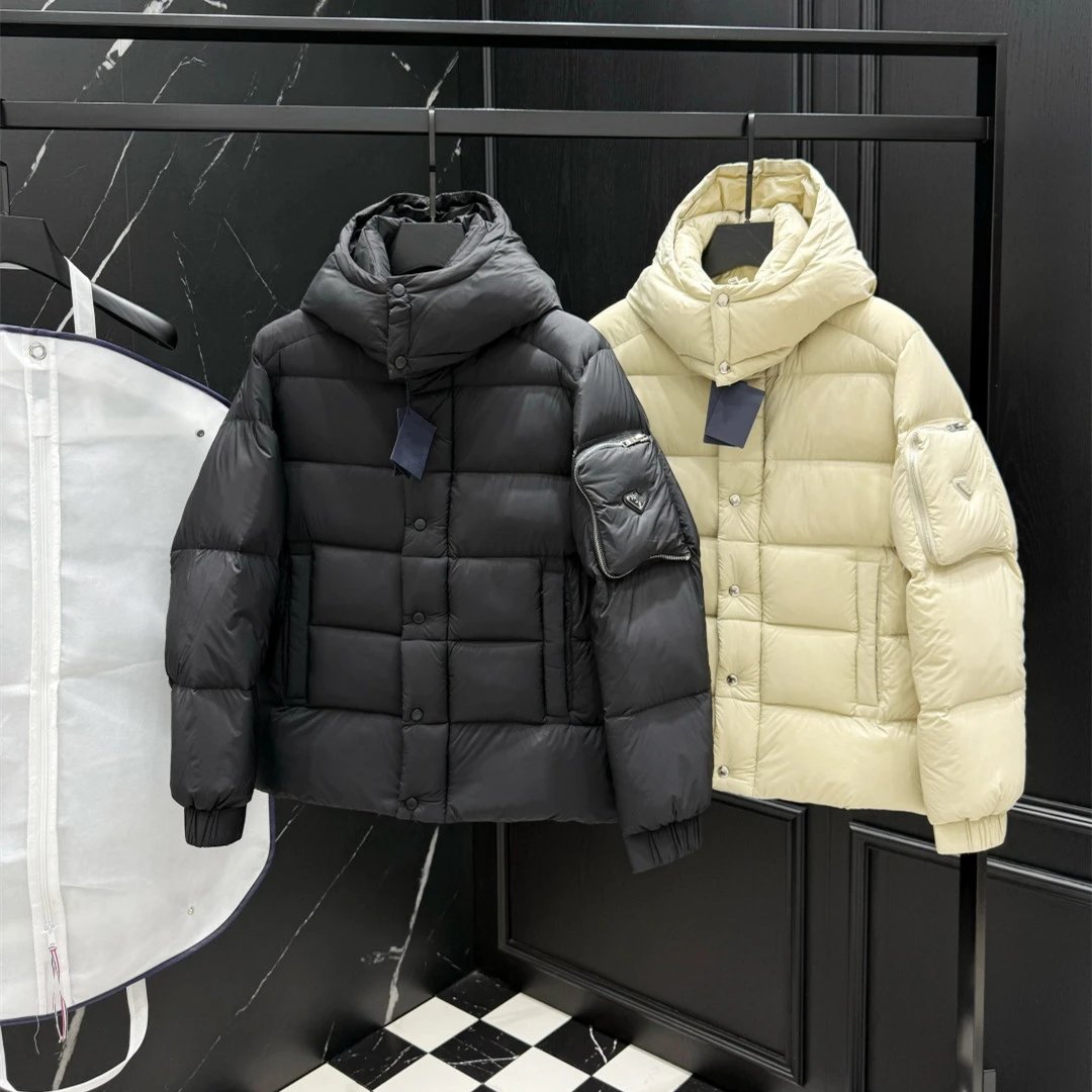 Prada Black Samurai Triangle Logo Solid Color 90% White Duck Down Jacket for Men and Women