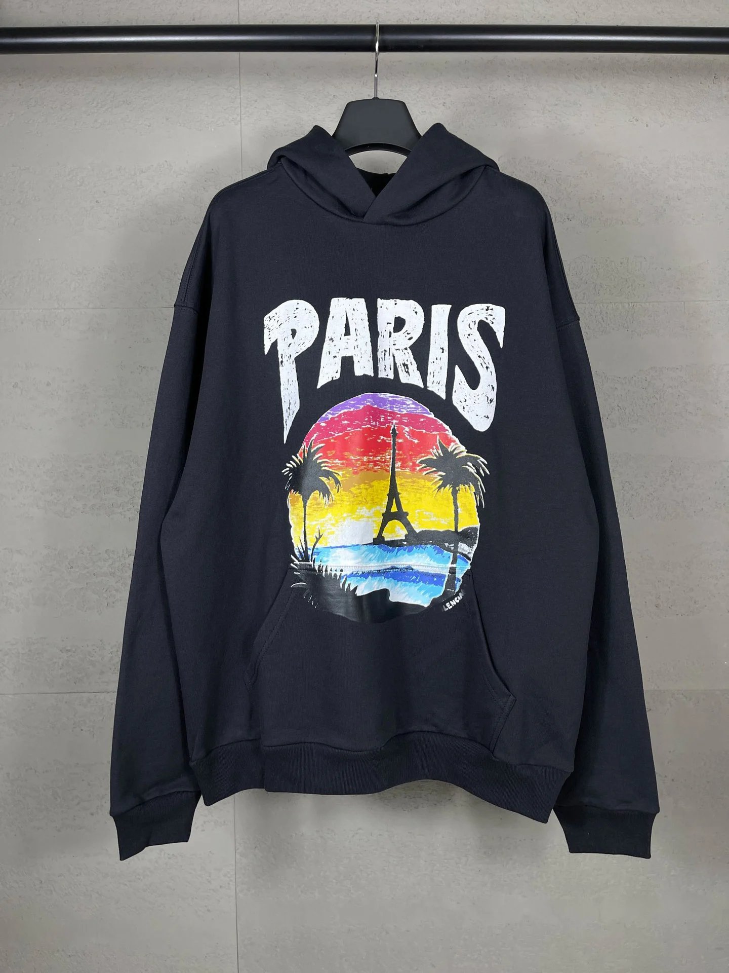 Balenciaga Hawaiian sunset coconut tree Eiffel Tower LOGO pattern direct spray print hooded sweatshirt loose casual men's