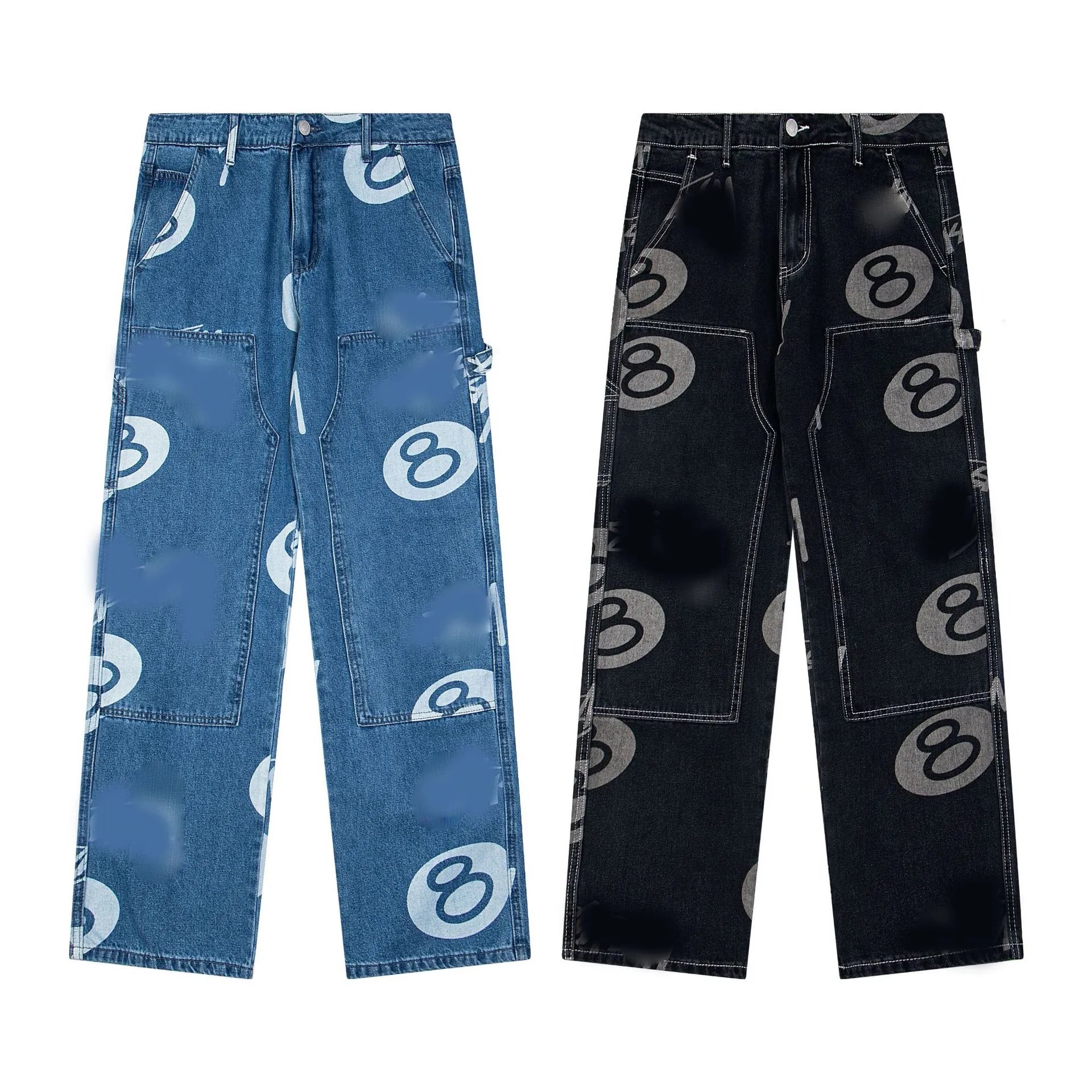 Denim Lettering Pants Full Logo Print Black 8 Pocket Badge Classic Jeans