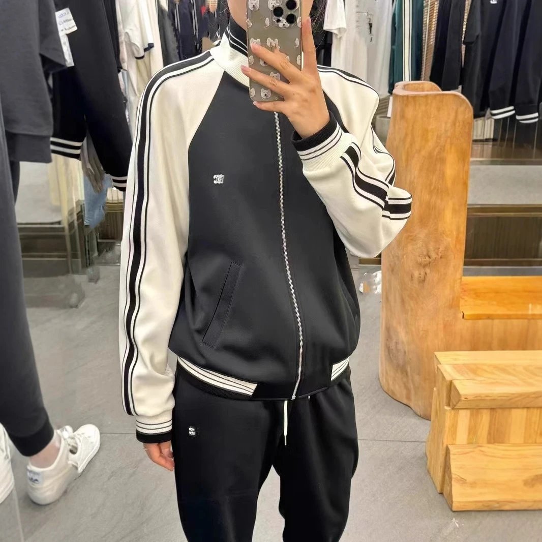 CELINE Spliced Color Block Embroidery Triomphe Zipper Jacket Unisex Long Pants Sport Suit