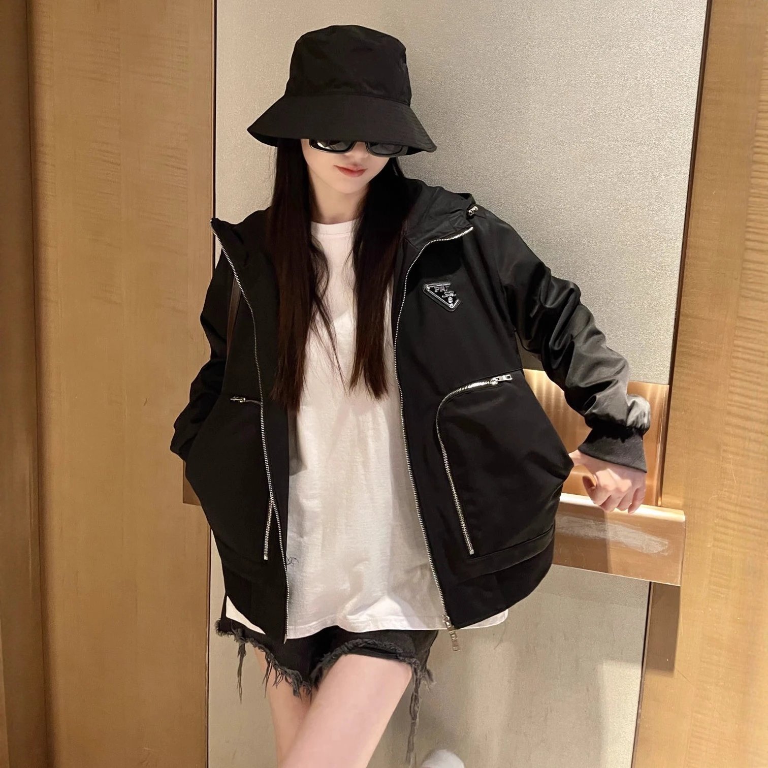 2025 New Prada Logo Hooded Windbreaker Jacket