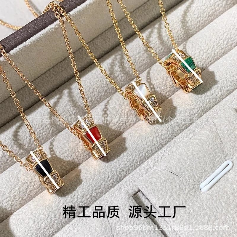 Bulgari Snake Necklace for Women Plated 18K Rose Gold Three-Coil Snake Head Skeleton Collarbone Necklace Full Diamond Pendant Light Luxury