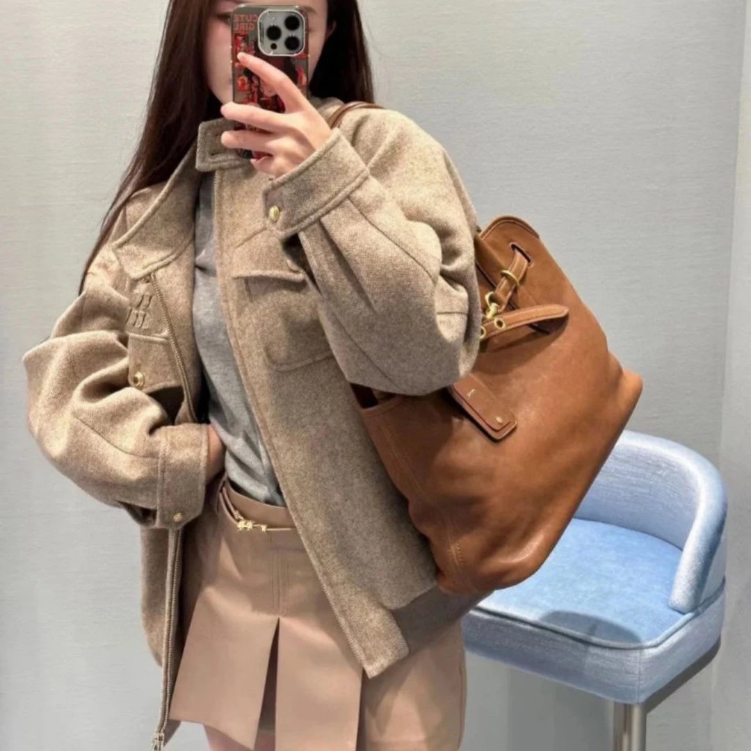 Miu Miu Herringbone Twill Double Pocket Patch Wool Stand Collar Jacket