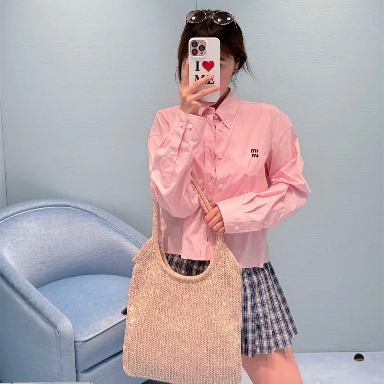 New Miu Miu Academy Letter Embroidery Short Shirt Women