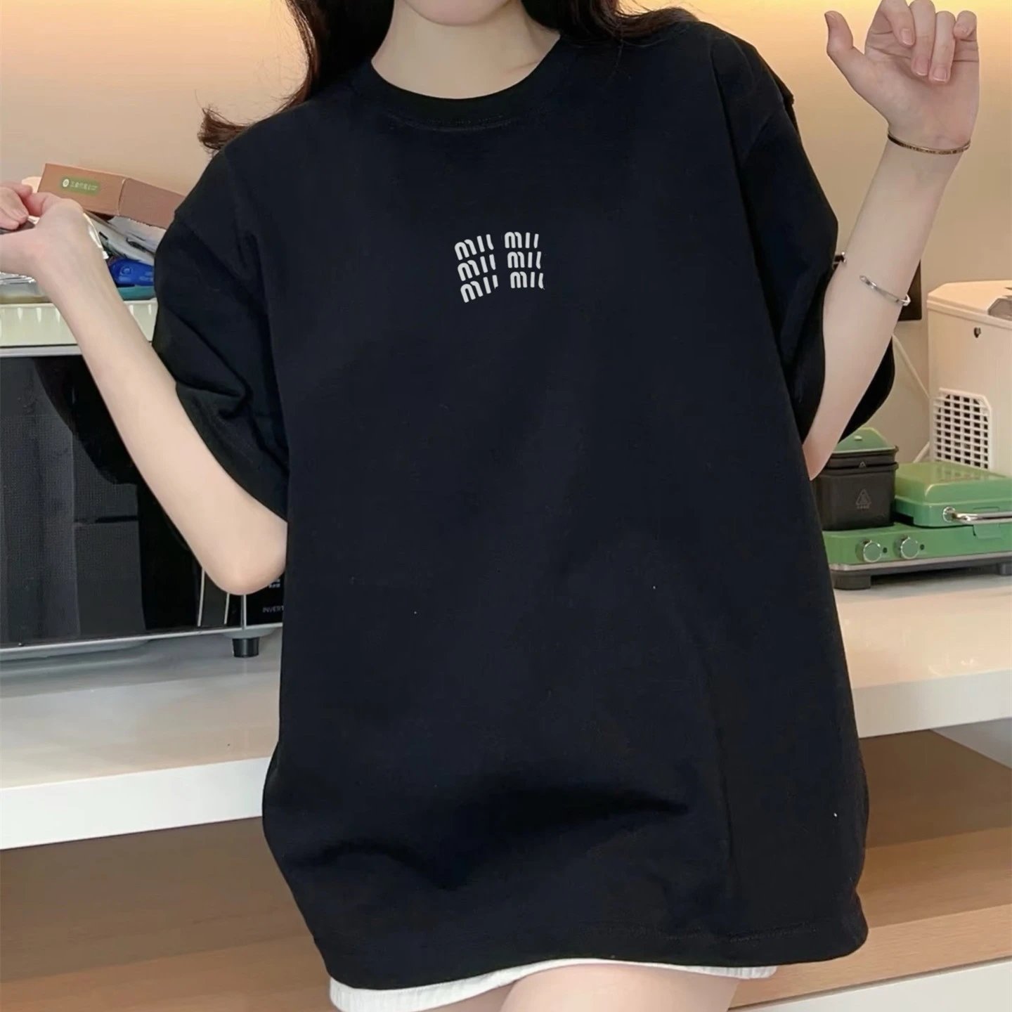 New Miu Miu Viral Classic Small Logo Print Heavyweight Short Sleeve T-shirt Top