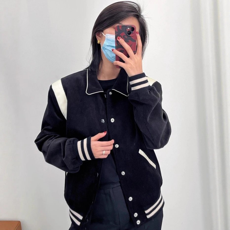 CELINE Black Corduroy Academy Baseball Jacket Unisex