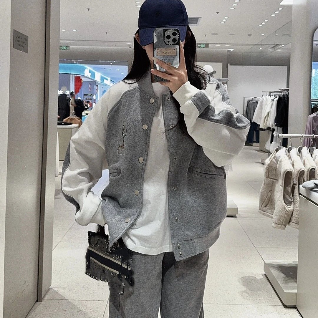 Dior New Lily of the Valley Embroidery Spliced Color Block Baseball Jacket Unisex