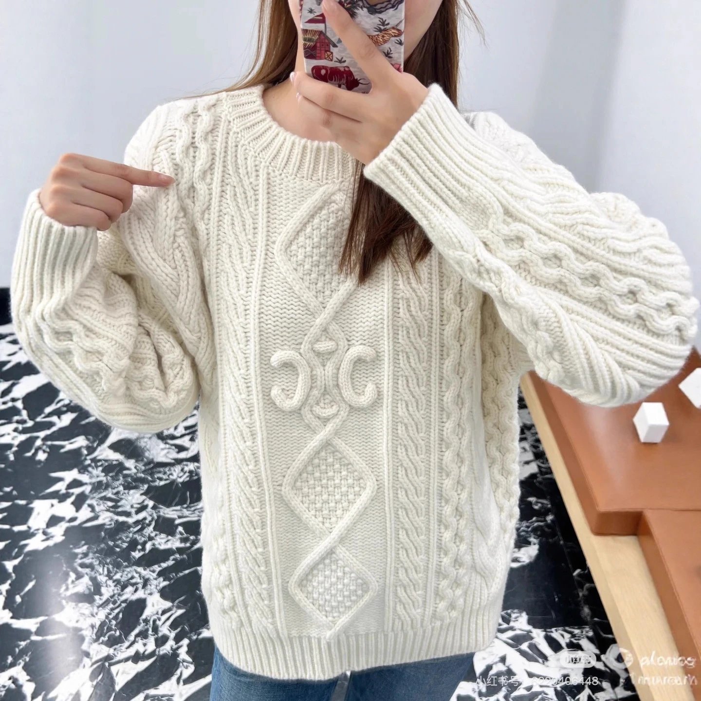 CELINE classic style beige color matching cable couple crewneck knit crewneck pullover sweater