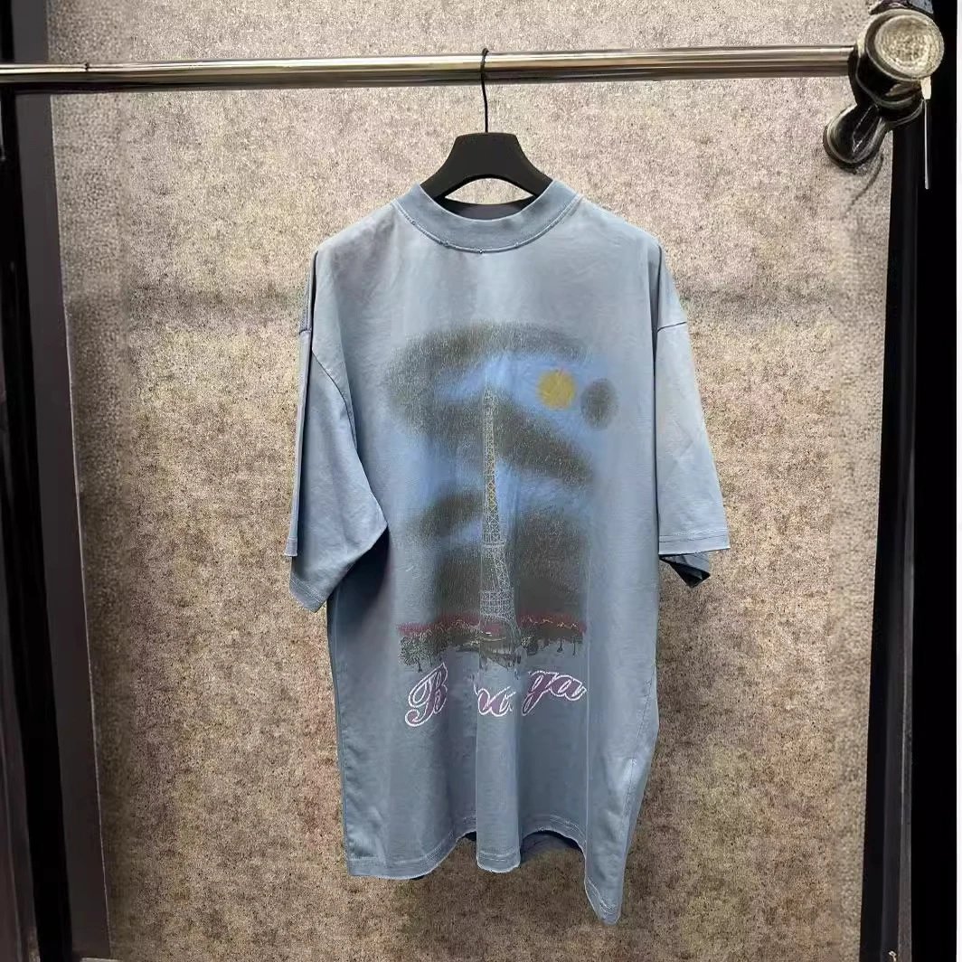 Balenciaga Eiffel Tower Night View Crack Faded Wash Vintage Unisex Small Neckline Short Sleeve T-shirt