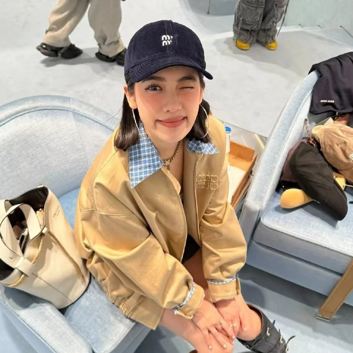 Miu Miu Embroidered Letter Bucket Hat Women Travel Sun Protection Hat Versatile Face Slimming Bowl Hat