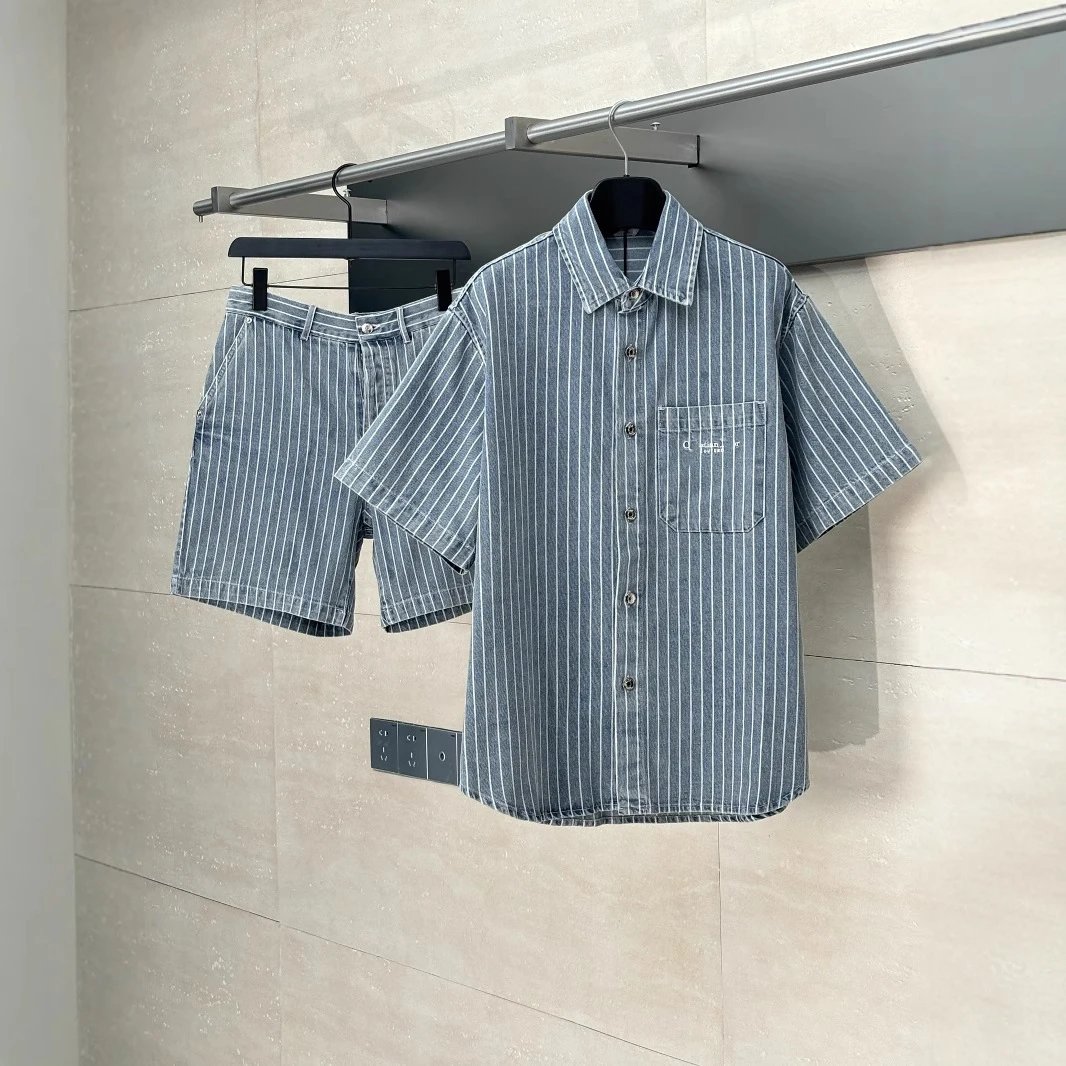 Dior Stripe Pocket Embroidery Letter Logo Button Down Shirt Denim Shorts Unisex Set