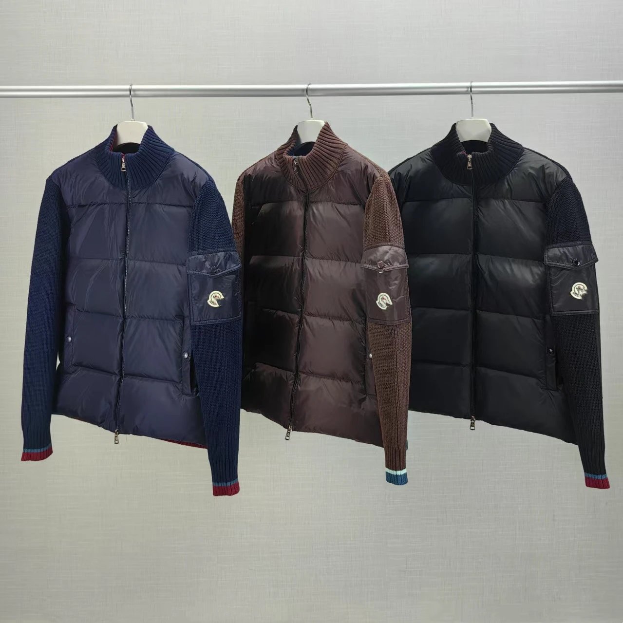 2025 Autumn Winter New Style Moncler Badge Embroidered Knit Sleeve Stand Collar Down Jacket for Men and Women