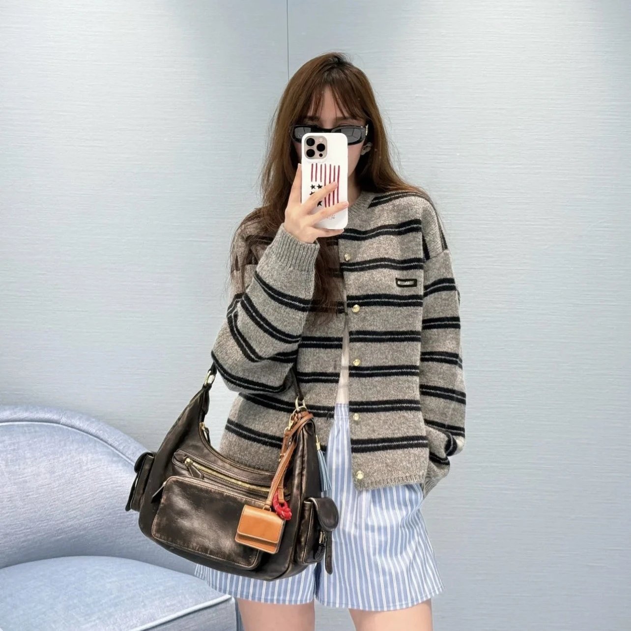 Miu Miu 25FW Retro Stripe Knit Round Neck Cardigan Sweater Unisex