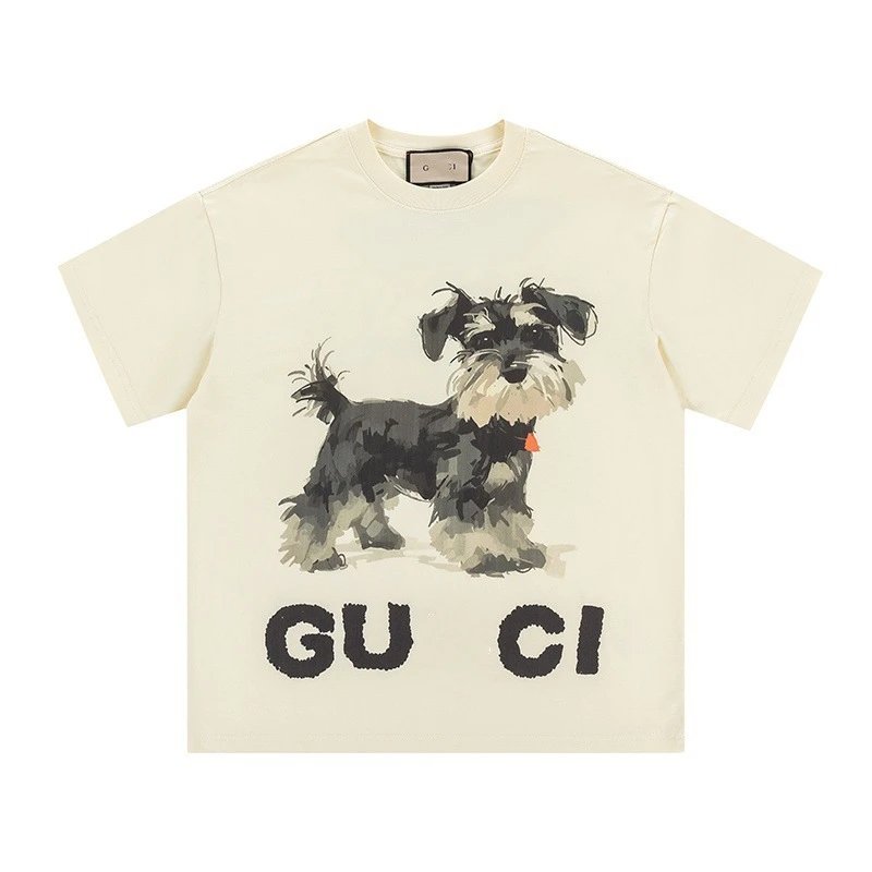 2025 New Gucci Cartoon Series Puppy Print Minimalist Solid Color Short Sleeve T-shirt