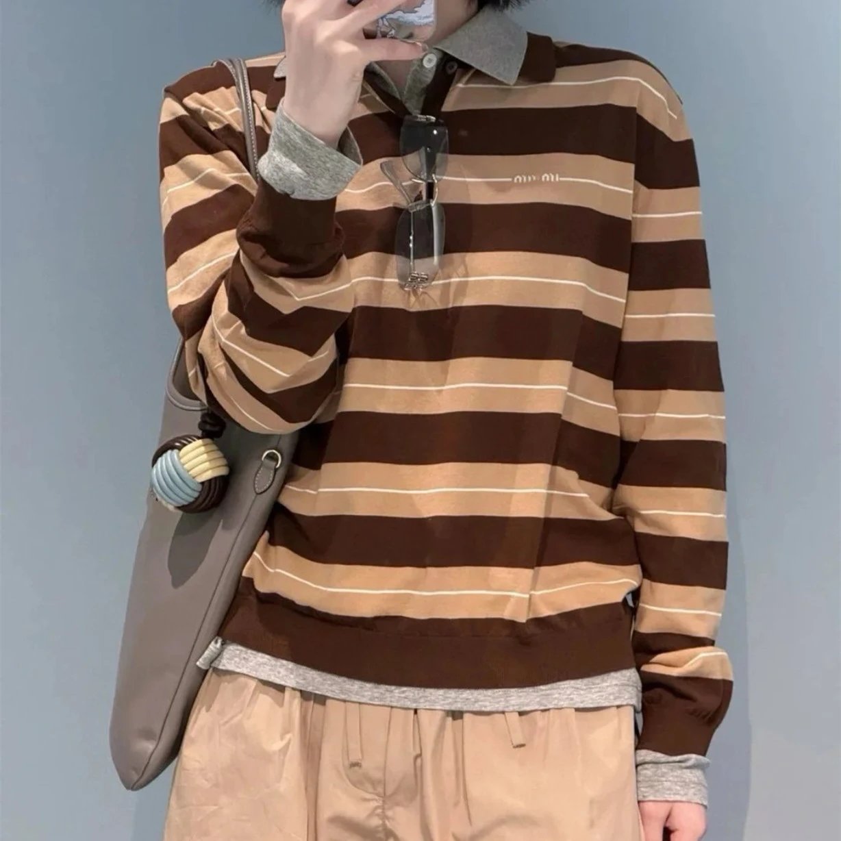 2025 new style Miu Miu logo letter embroidery khaki stripe collar polo shirt