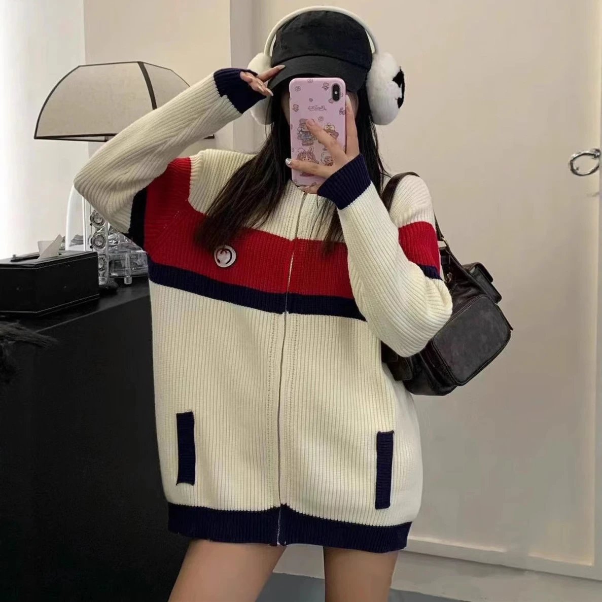New Gucci Internet Famous Double G Color Block Zipper Knit Sweater Unisex