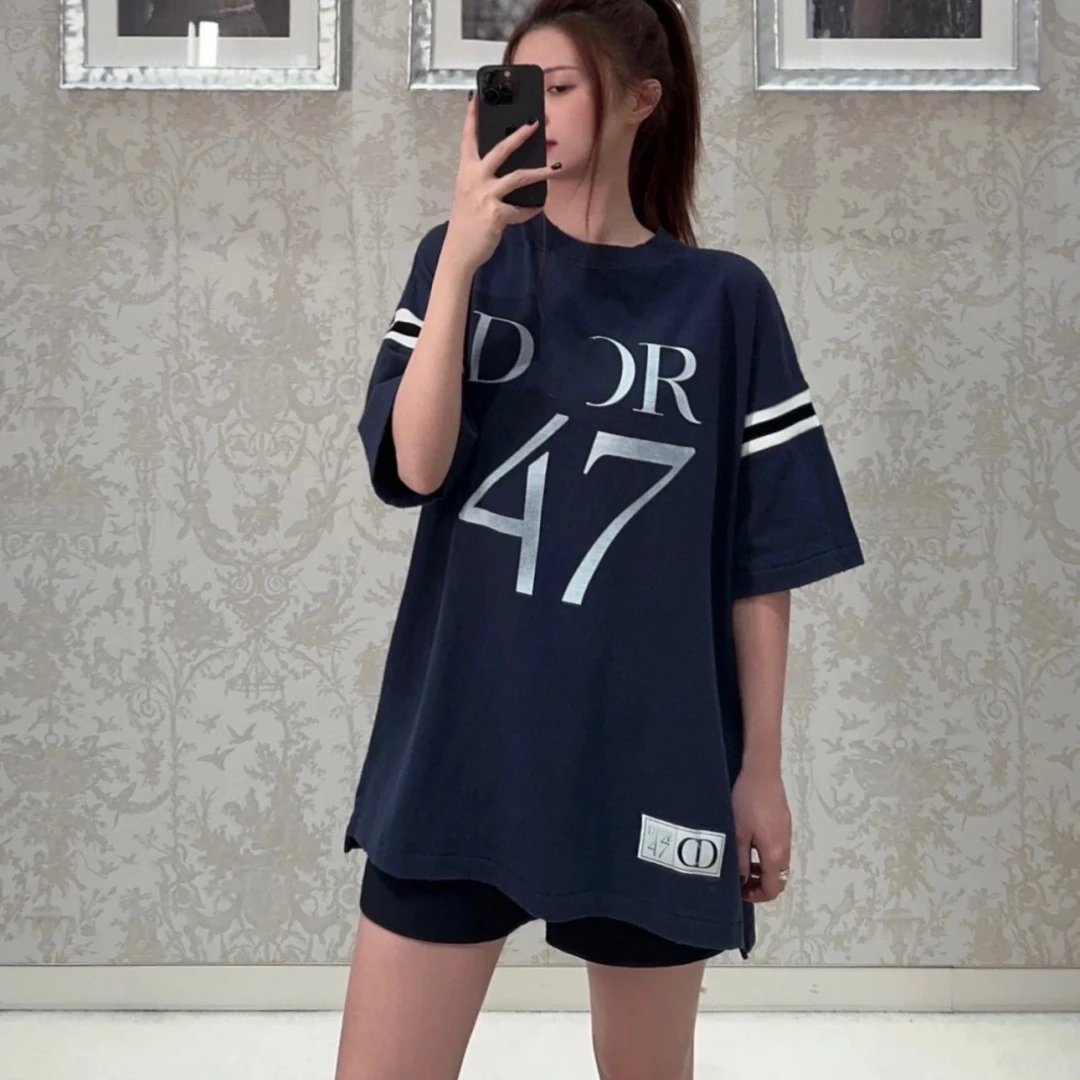 Spring New Dior Hem Square Small Label Straight Cut Loose Short Sleeve T-shirt Unisex