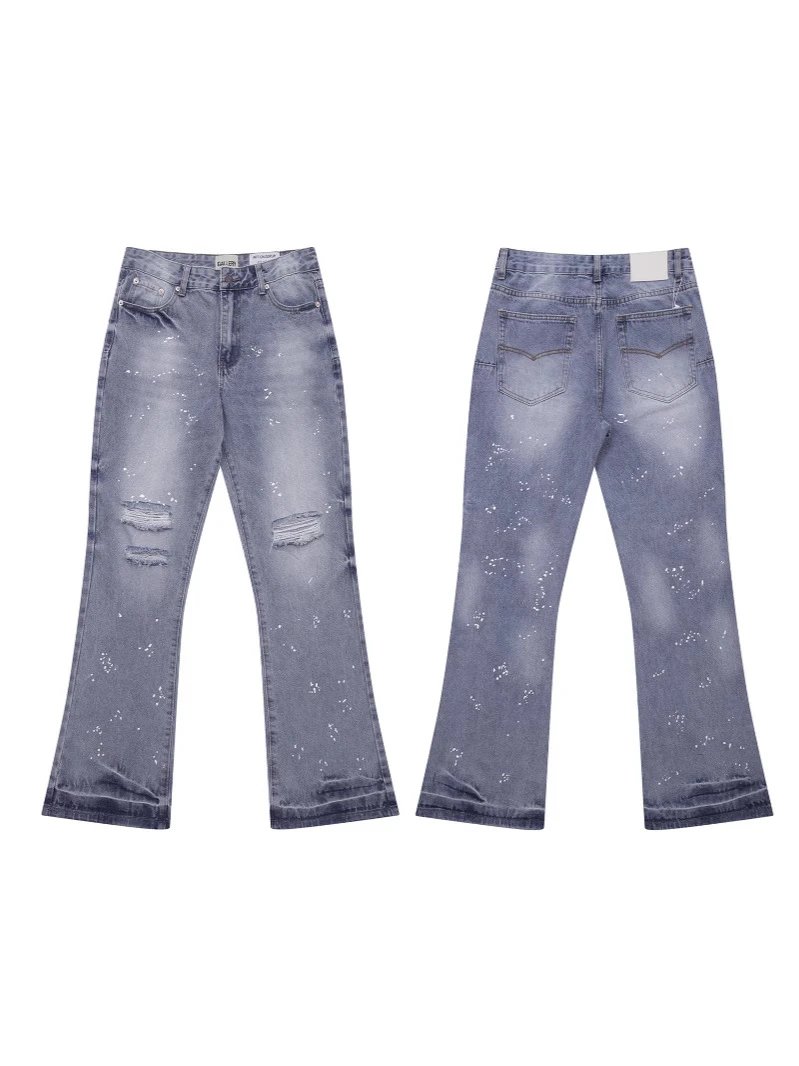 Gallery Dept Splatter Ripped Washed Blue Flared Jeans