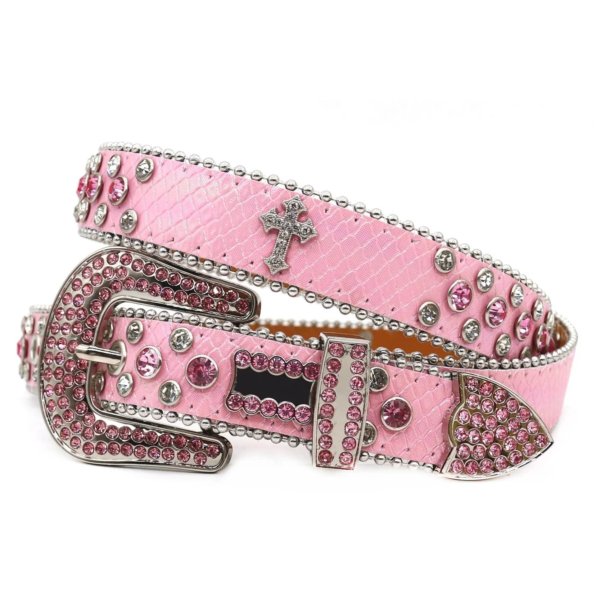 Pink Rhinestone Cross PU Belt Punk Hip Hop Jeans Pants Belt Y2K
