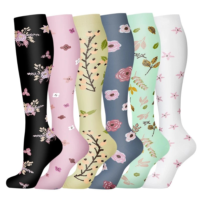 New Flower Print Sports Compression Socks Jumping Running Compression Socks Long Tube Socks Men Women Cycling Calf Socks