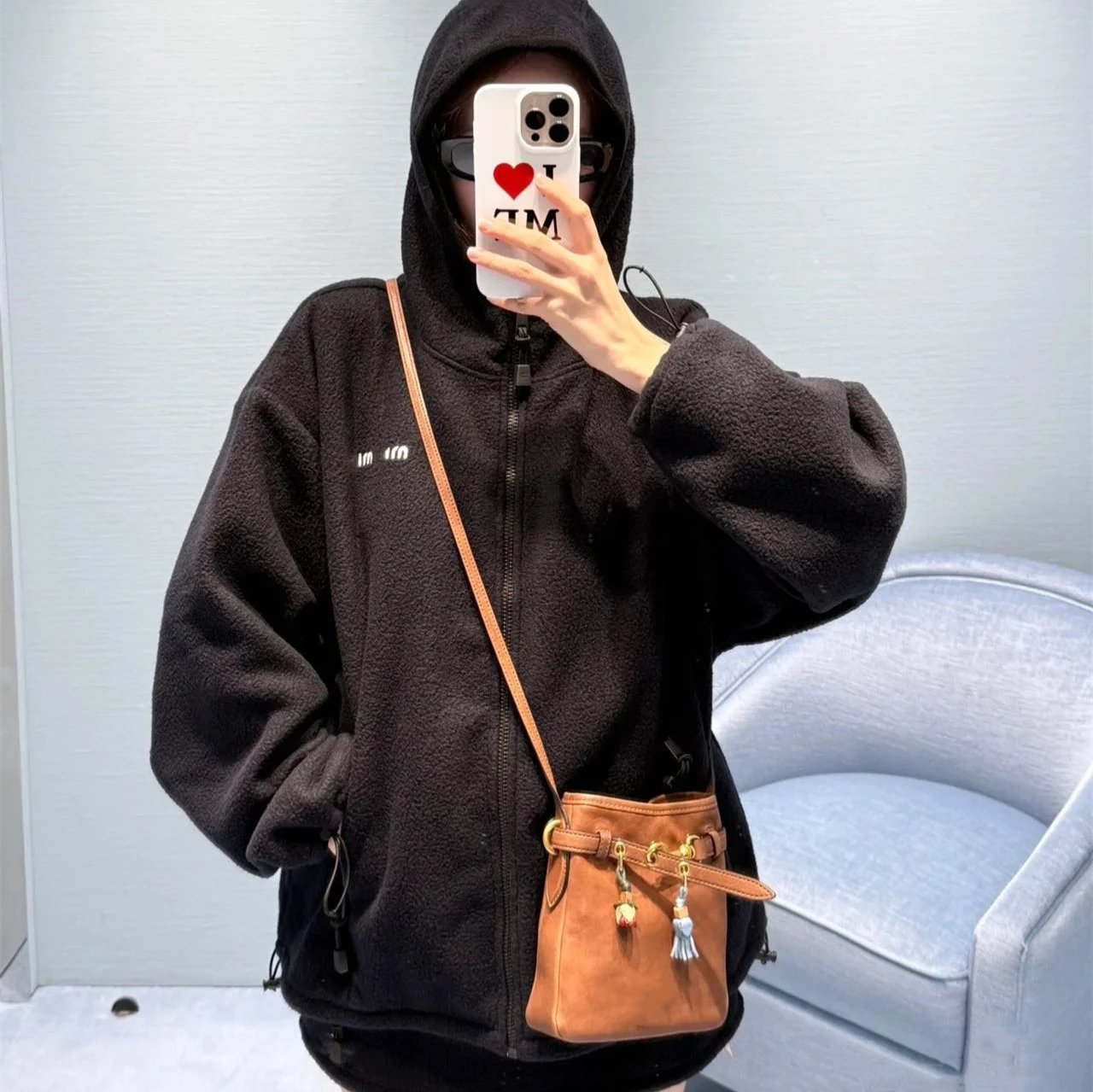 Miu Miu Chest Embroidery Logo Drawstring Fleece Zipper Hooded Jacket Unisex