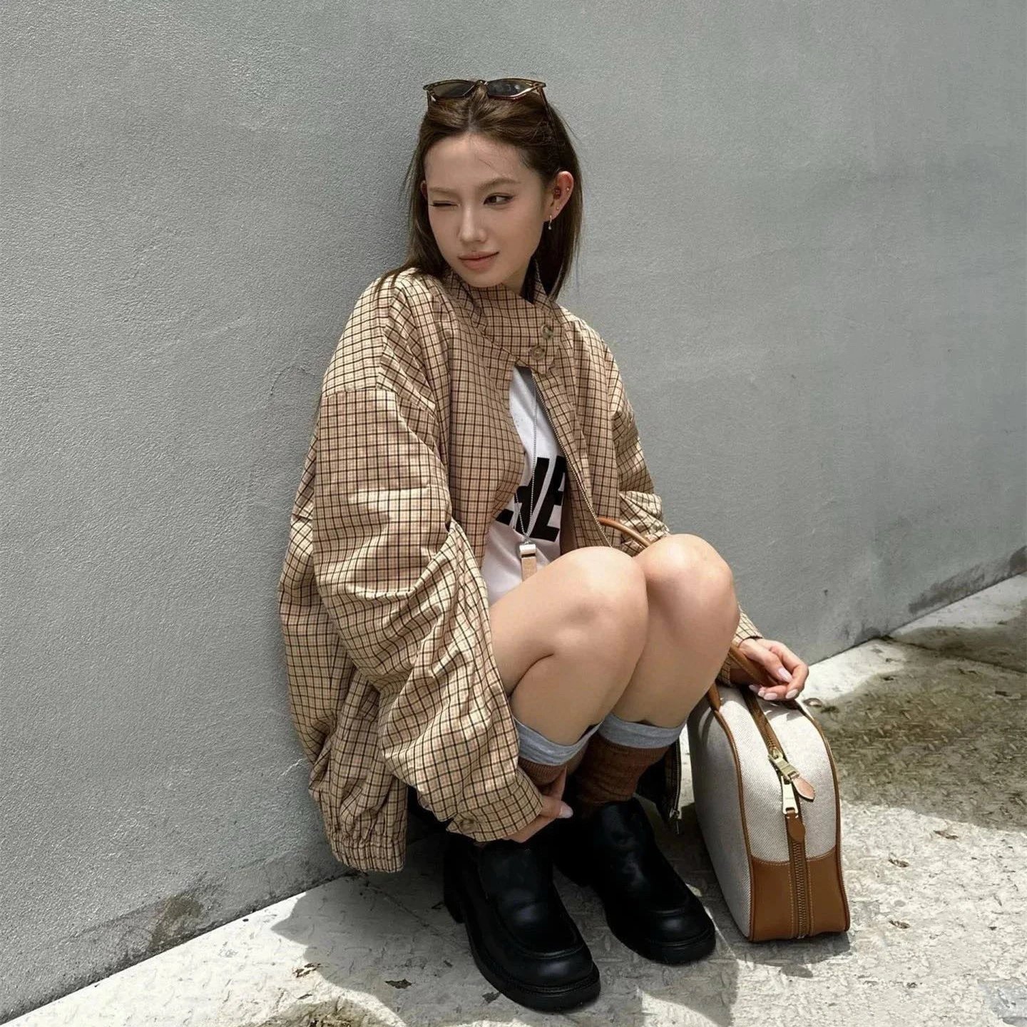 25FW Miu Miu Internet Famous Patch Embroidery Plaid Jacket Cardigan Unisex-