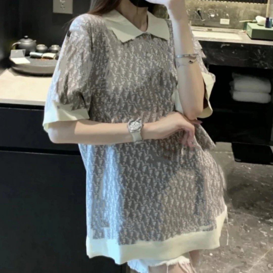 New Dior Collaboration Monogram Knit Pure Cotton Polo Shirt LOGO All Over Print Short Sleeve Knit