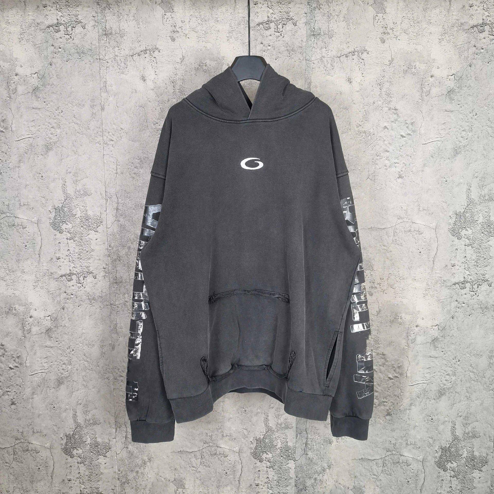 2025 new style Balenciaga letter tape LOGO embroidery washed distressed hooded sweatshirt men's and women's