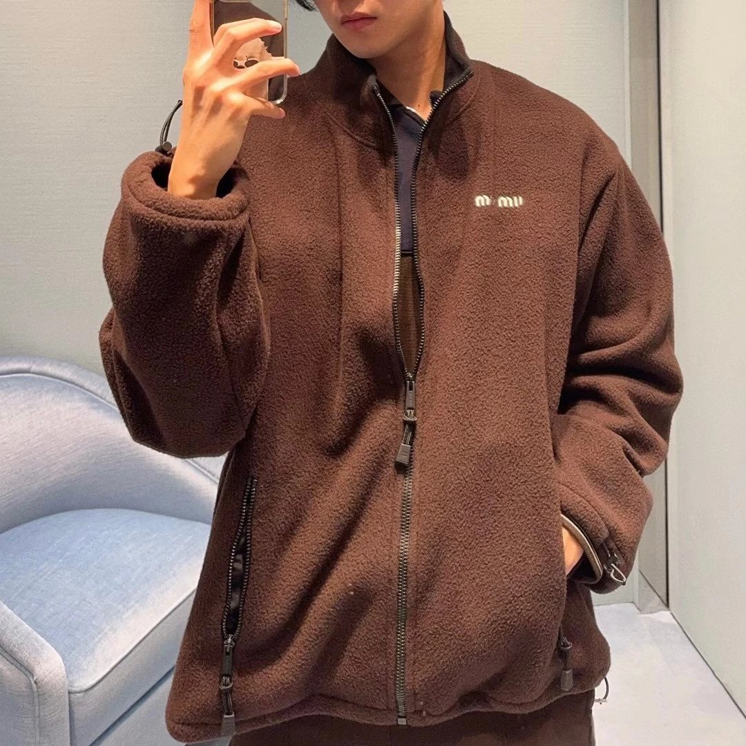 2025 New Miu Miu Embroidery Logo Fleece Zipper Jacket Unisex