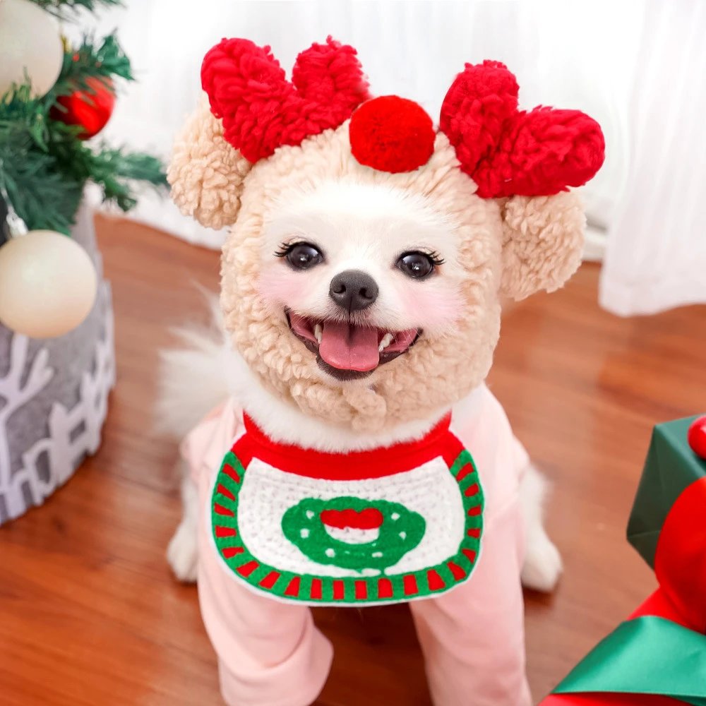 Christmas Reindeer Dog Cat Pet Dog Hat Bib Apron Teddy Autumn Winter Cat Clothing Supplies Apparel