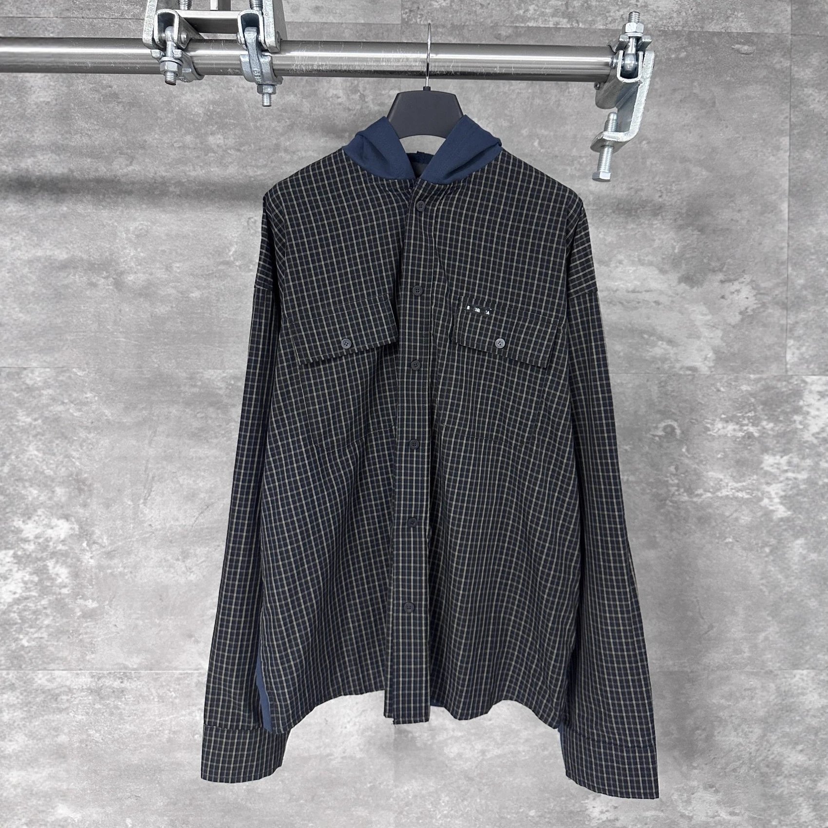 SS25 New Balenciaga Logo Plaid Spliced Color Block Hooded Jacket Unisex