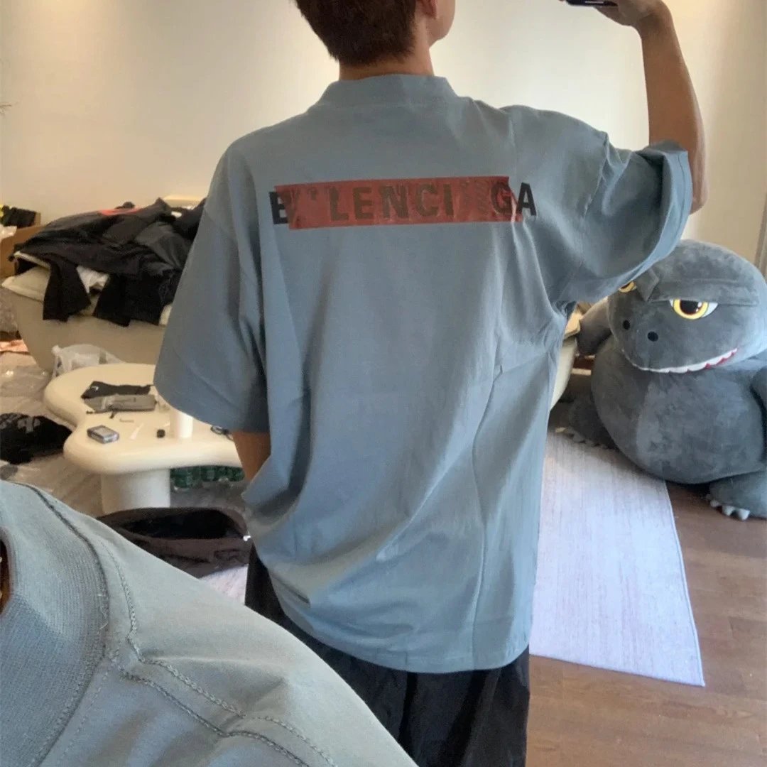2025 New Balenciaga Sticker Pattern Patch Embroidery Washed Vintage Short Sleeve T-shirt Unisex