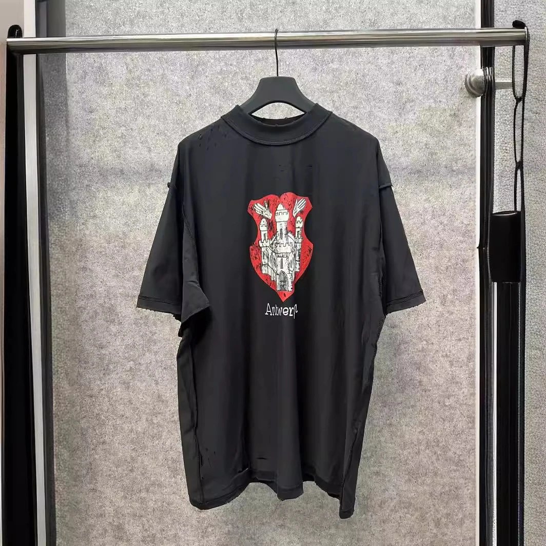 Balenciaga Emblem Castle Print Loose Reverse Wear Unisex Small Neckline Short Sleeve T-shirt