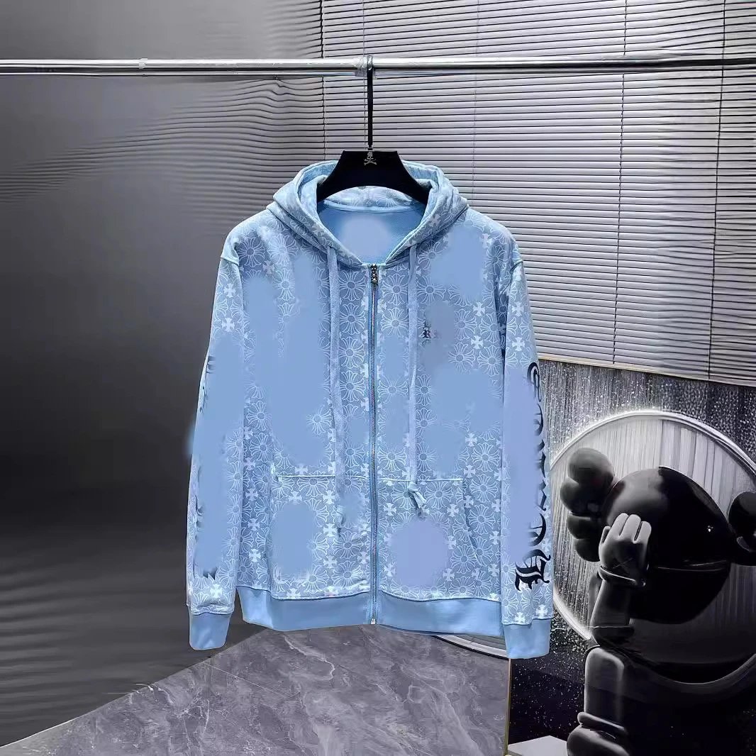 Chrome Hearts Horseshoe Hidden Logo Blue Zip Hoodie Loose Casual Hoodie Hooded Sweatshirt Couple Style