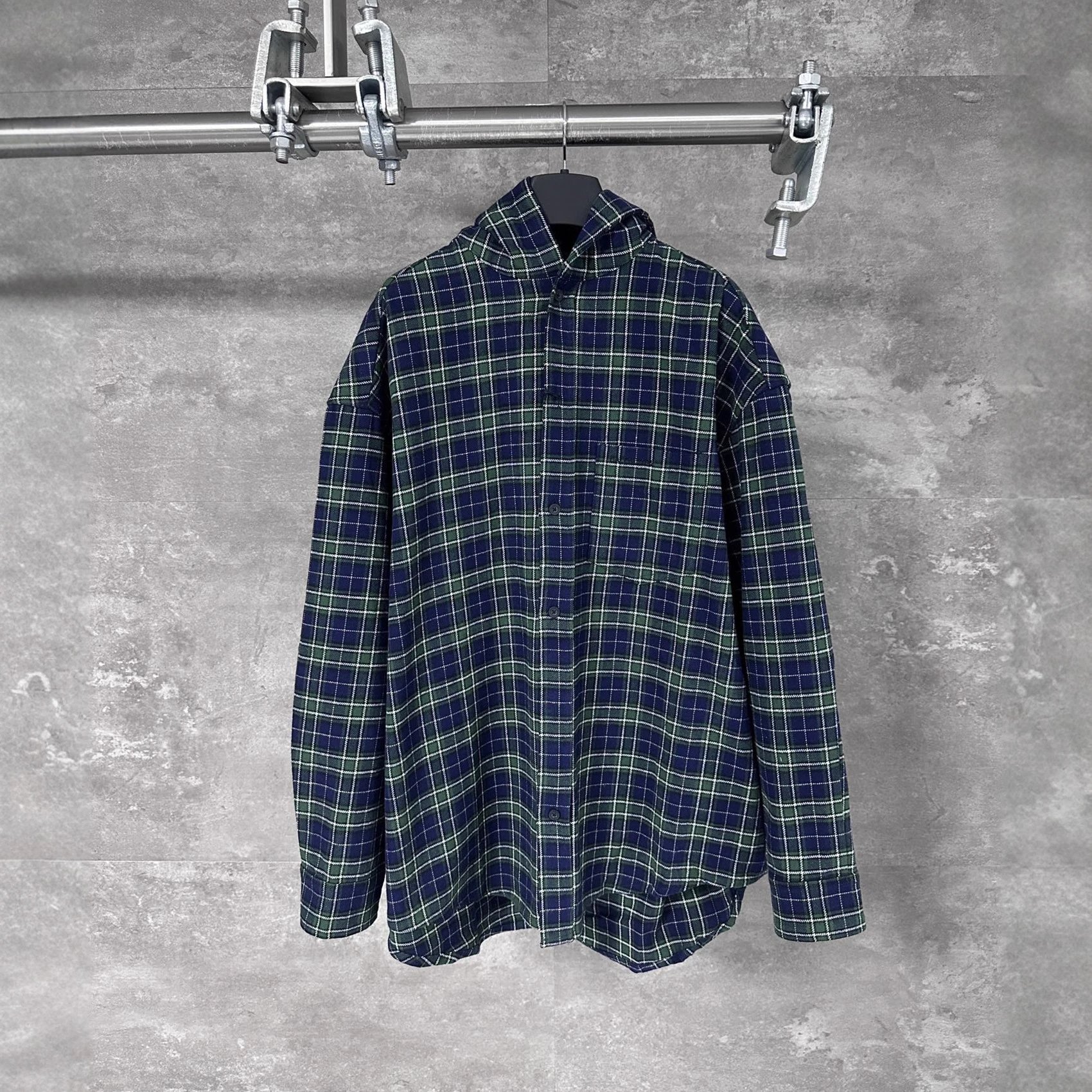 SS25 New Balenciaga Blend Long Sleeve Hooded Shirt Jacket Plaid Shirt Unisex
