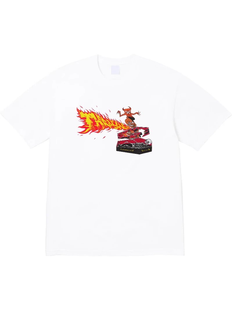 24 FW BACK TAIL TEE Skateboard Flaming Print Classic Round Neck Short Sleeve T-shirt Unisex