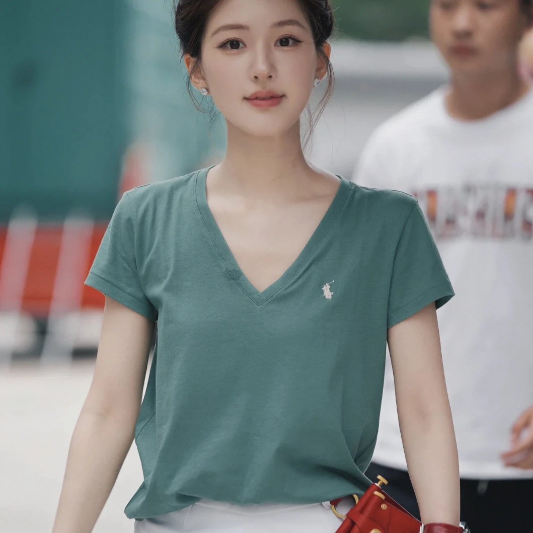 RL Ralph Lauren Pony Embroidery Classic Basic Slim Fit Waist V-neck Short Sleeve T-shirt Women