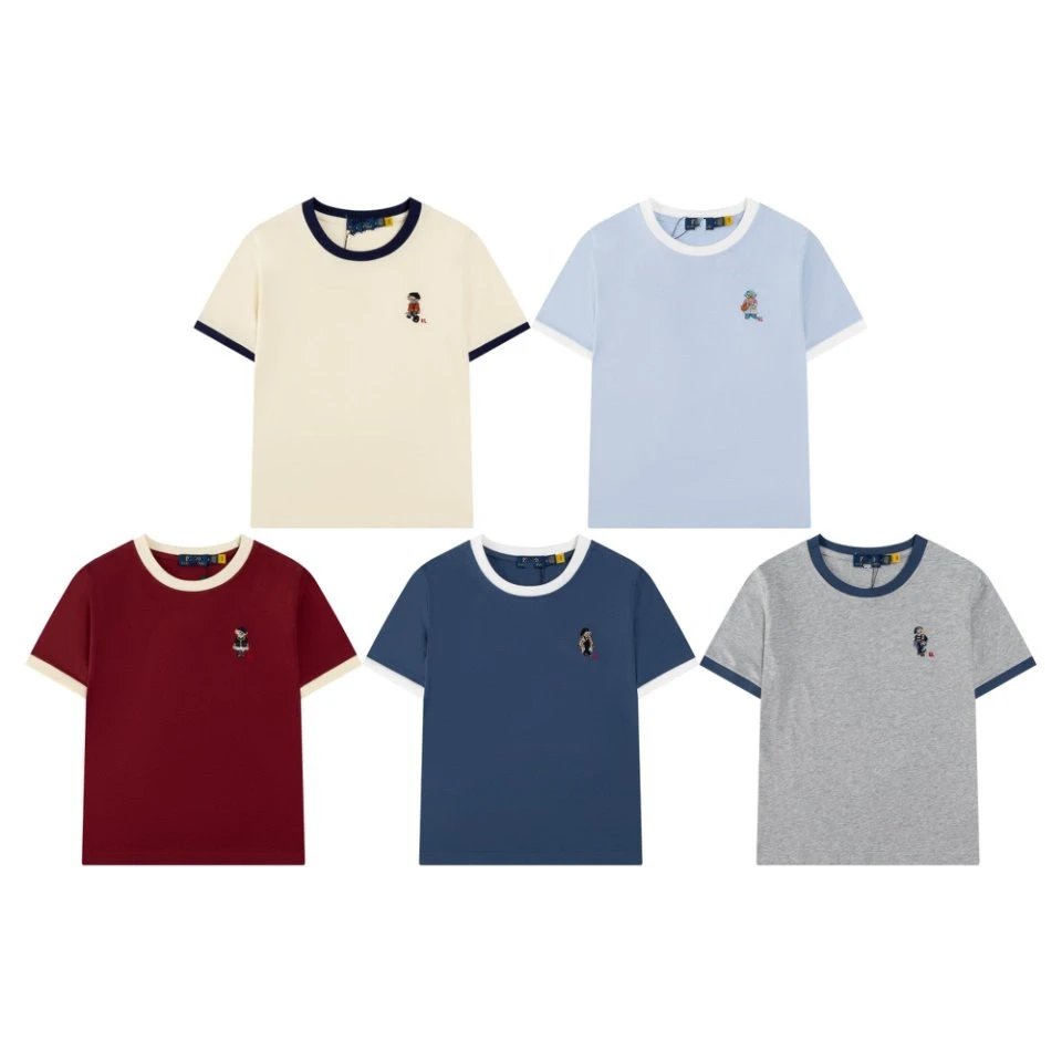 New RL Ralph Lauren Pony Embroidery Color Block Collar Embroidery Cartoon Bear Short Sleeve T-shirt