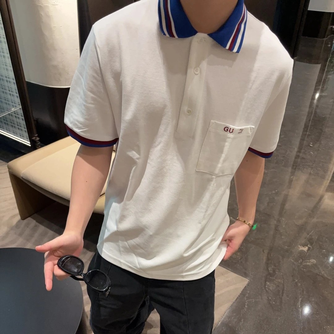 New Gucci Chest Pocket Letter Embroidery Collar Color Block Stripe Short Sleeve POLO Shirt