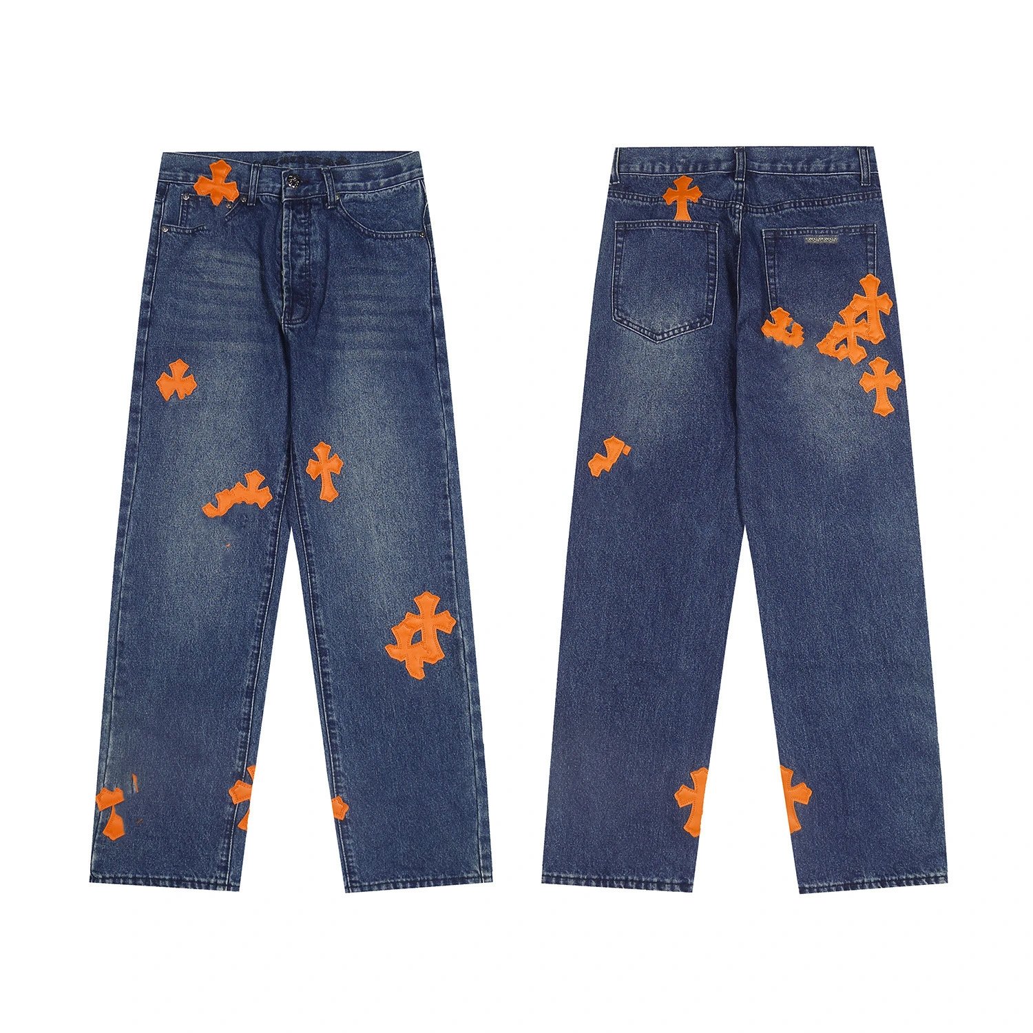 2025 Chrome Hearts Orange Leather Embroidery Wide Leg Casual Jeans Unisex