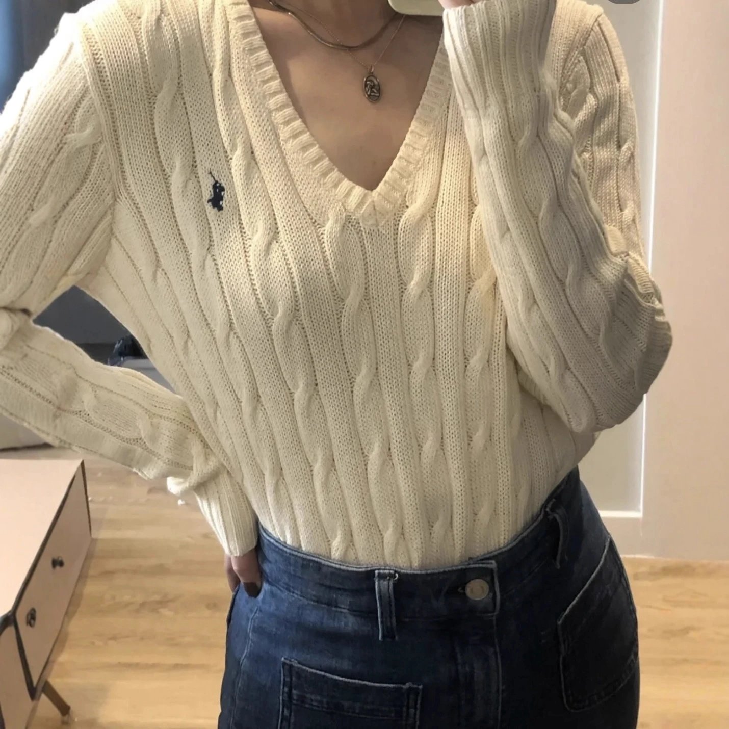Ralph Lauren small horse classic small label embroidery cable twist rope V-neck long sleeve pullover knit sweater