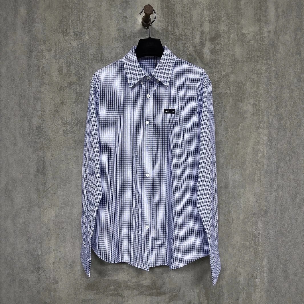 SS25 New Miu Miu Letter Embroidery Plaid Check Shirt Blue Shirt