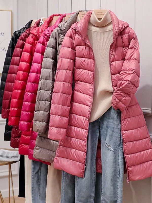 Lightweight Thin Women's Down Jacket Medium Long 2025 Autumn Winter Slim Fit Hooded Plus Size Outerwear Detachable Hood