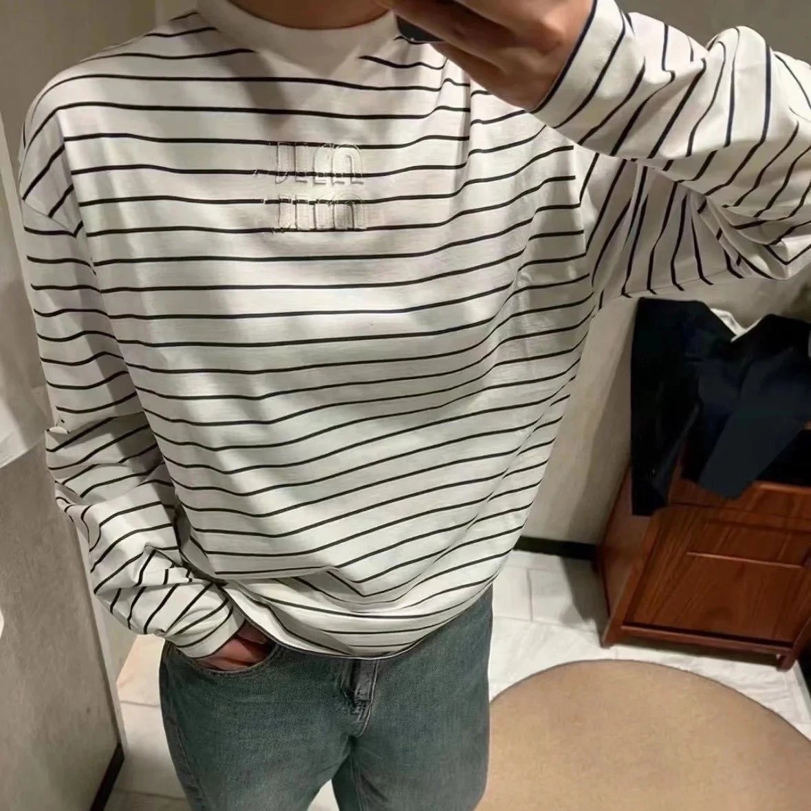 Miu Miu style letter patch LOGO loose stripe long sleeve T-shirt men's and women's base layer