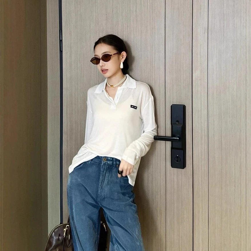 2025 New Miu Miu Lightweight Cotton Polo Collar Sun Protection Long Sleeve Women's Wear
