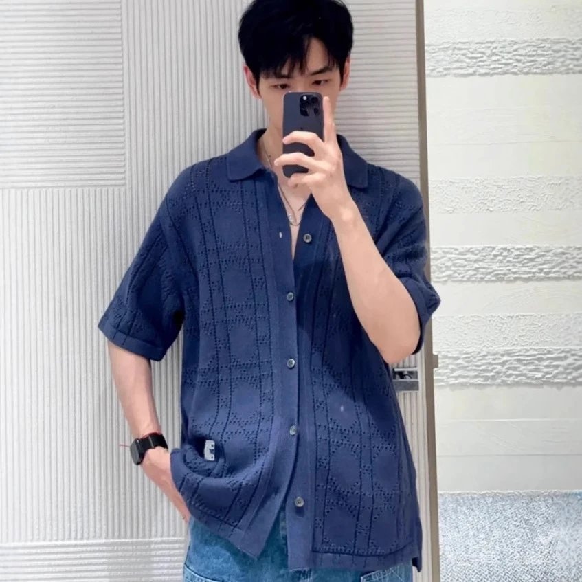 2025 New Dior Diamond Hollow Knit Lapel POLO Shirt Knit Short Sleeve T-shirt