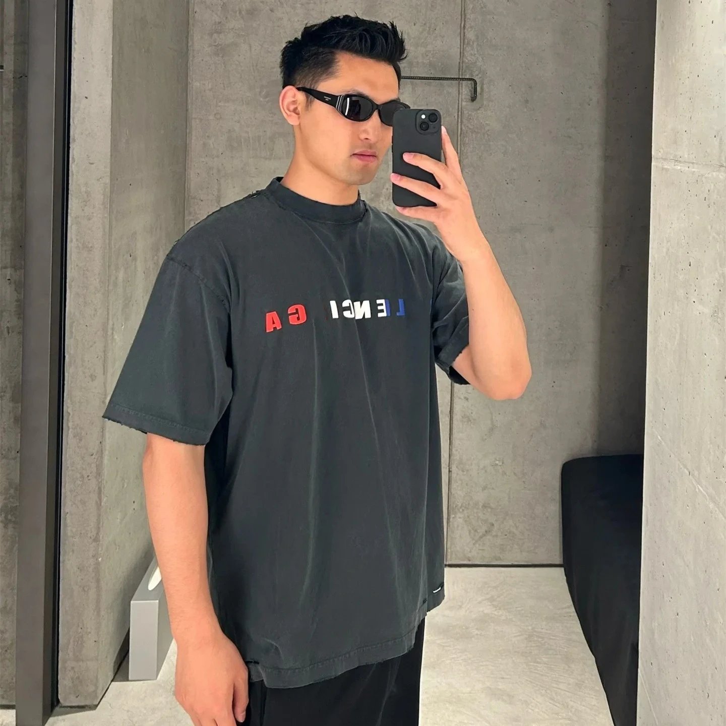Balenciaga Limited Edition French Tricolor Foam Logo Distressed Washed Short Sleeve T-shirt