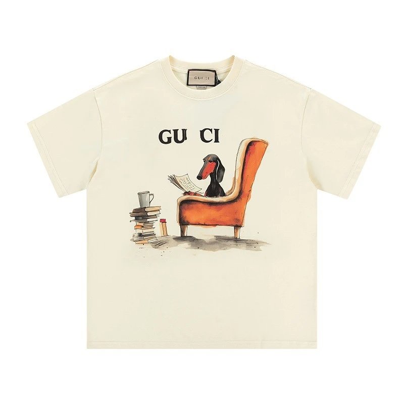 New Gucci Cartoon Series Puppy Print Minimalist Solid Color Short Sleeve T-shirt Top Unisex2